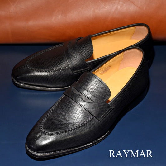 【RAYMAR】Aiden チゼルトゥスキンステッチUチップコインローファー ブラック ホーウィンハッチグレイン ハンドソーン製法 24.0cm~27.0cm レイマー (コピー)